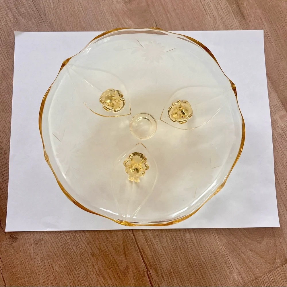 Lancaster Yellow Engraved Flower‎ Glass Petal Footed Dish Bowl Cake Plate 8” Vtg